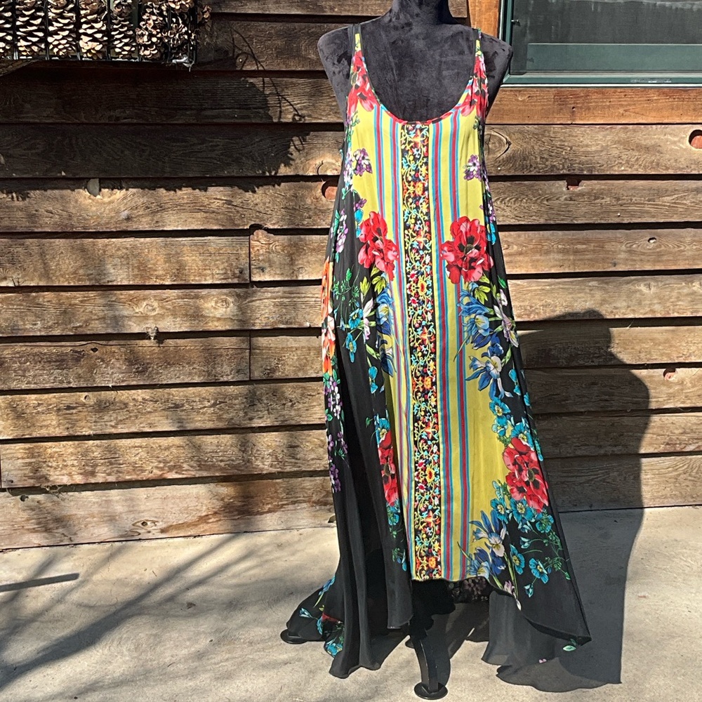 Johnny Was Black & Yellow Floral Stripe Maxi Dress